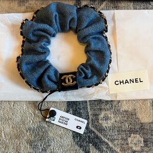 CHANEL Authentic Denim Blue Hair Scrunchie with Leather Detailing RARE NWT